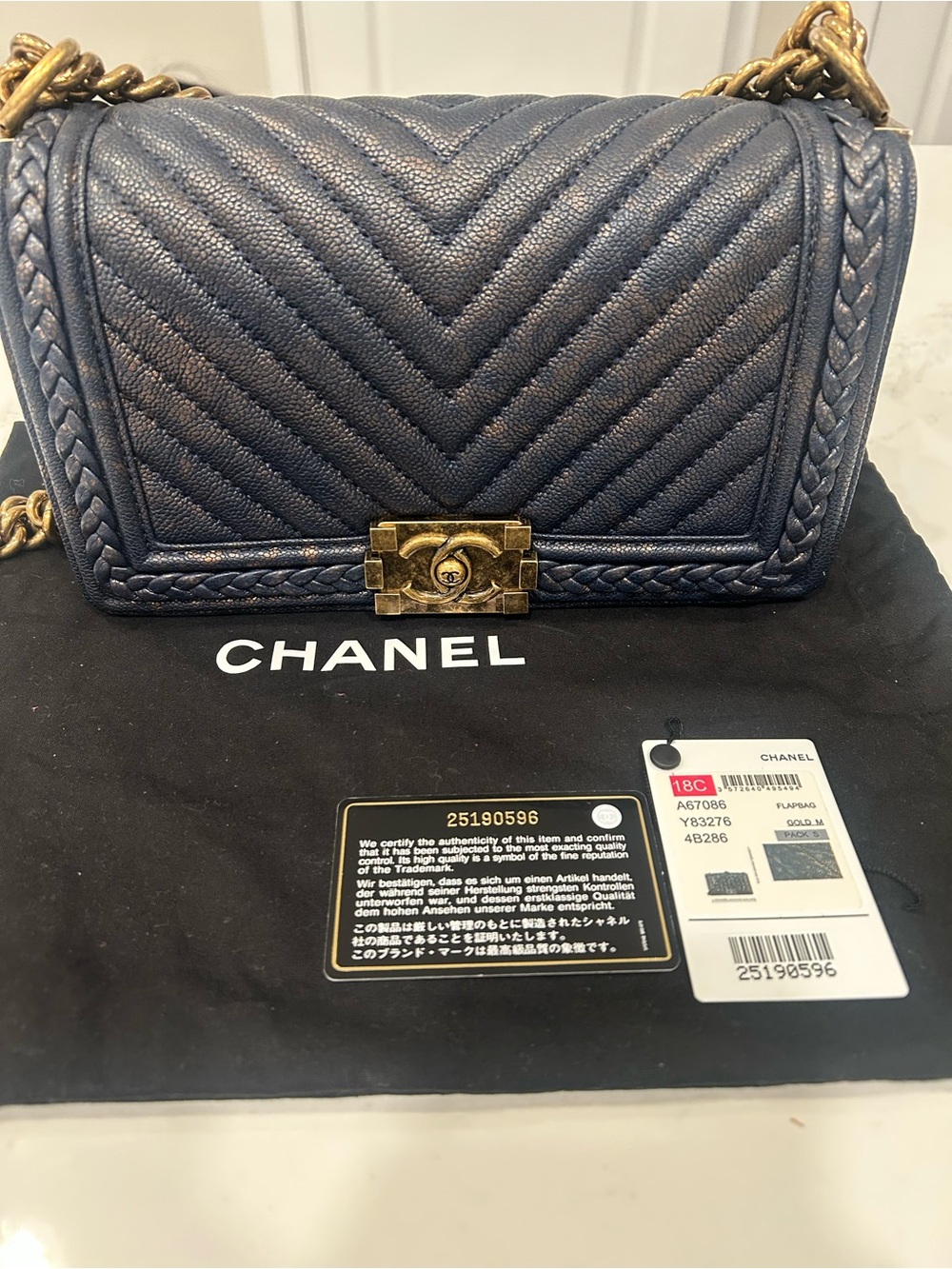 CHANEL Navy Chevron Quilted Shoulder Boy Bag with Gold Chain Hardware